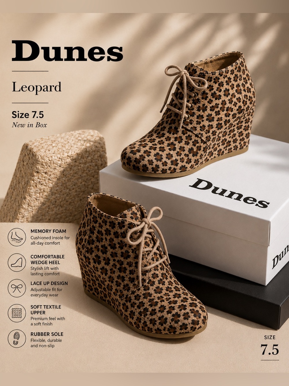 Dunes Leopard Print Wedge Ankle Boots – Size 7.5 – NIB